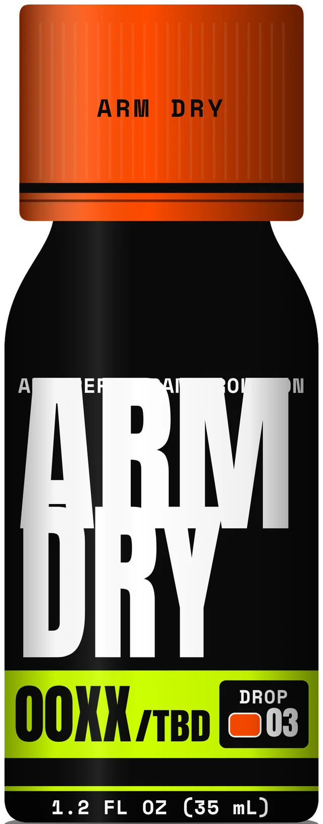 Arm Dry bottle with a hot orange lid, Drop 003.