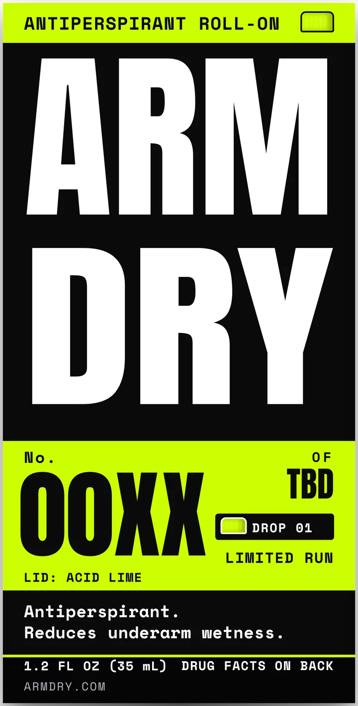Arm Dry carton front: black with a large white Arm Dry wordmark, lime numbered band and the line Antiperspirant. Reduces underarm wetness.